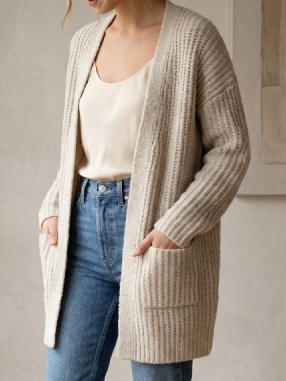Dreamers by Debut Cream Ribbed Open Front Pocket Cardigan Sweater Size S/M